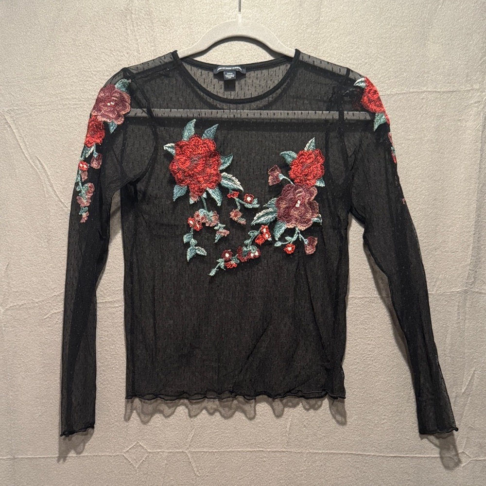 American Eagle Outfitters Black Sheer Top with Floral Embroidery